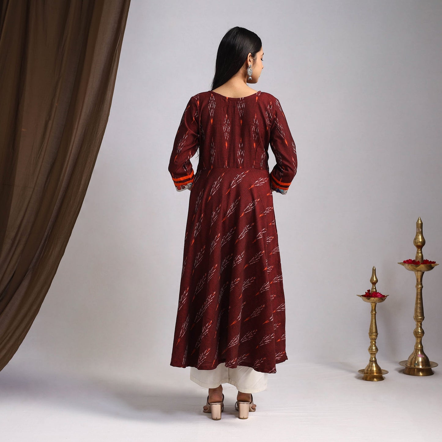Maroon Karigari Heritage Patchwork Cotton A-Line Ikat Kurta for Women