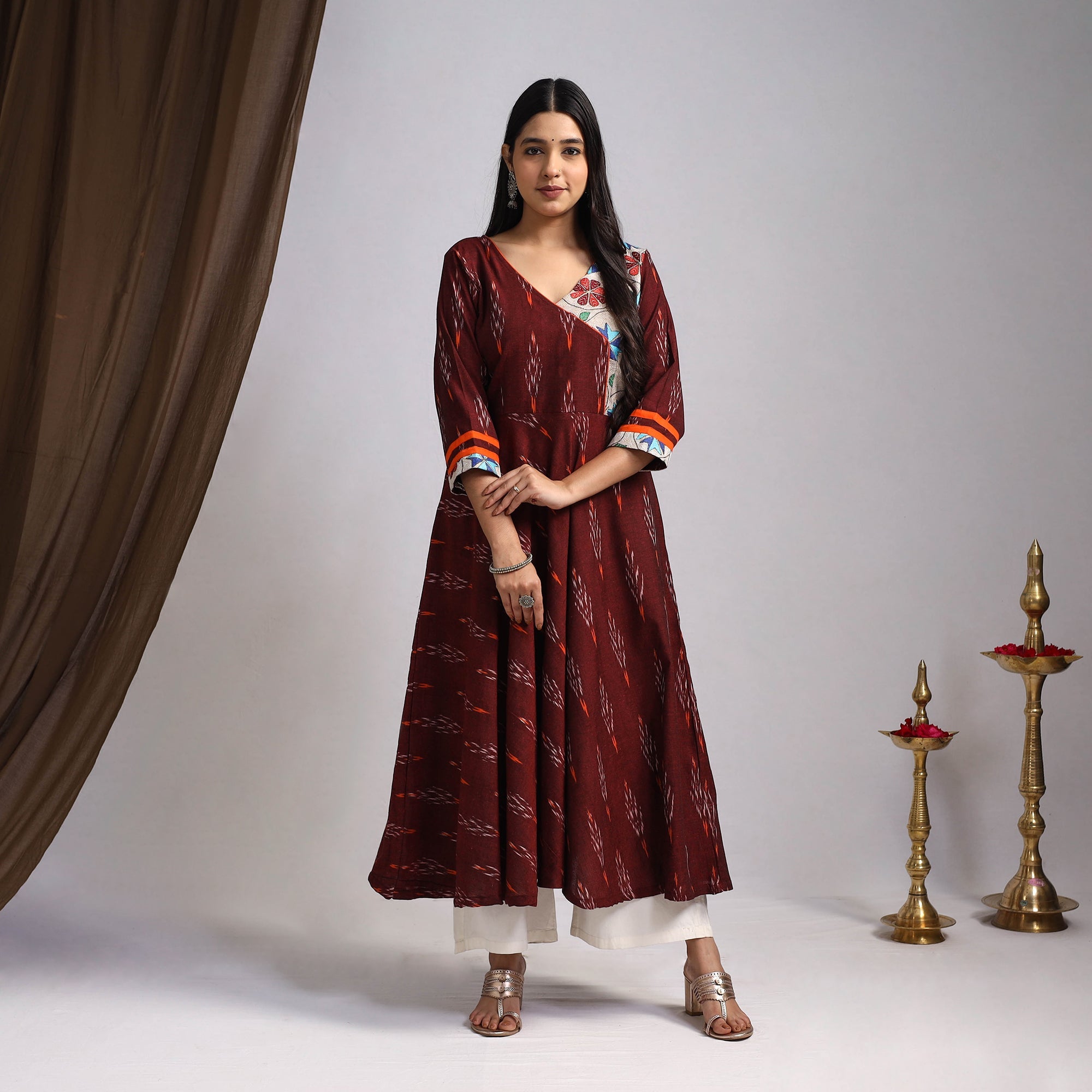 Maroon Karigari Heritage Patchwork Cotton A-Line Ikat Kurta for Women