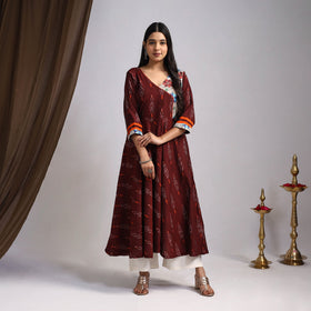 Maroon Karigari Heritage Patchwork Cotton A-Line Ikat Kurta for Women