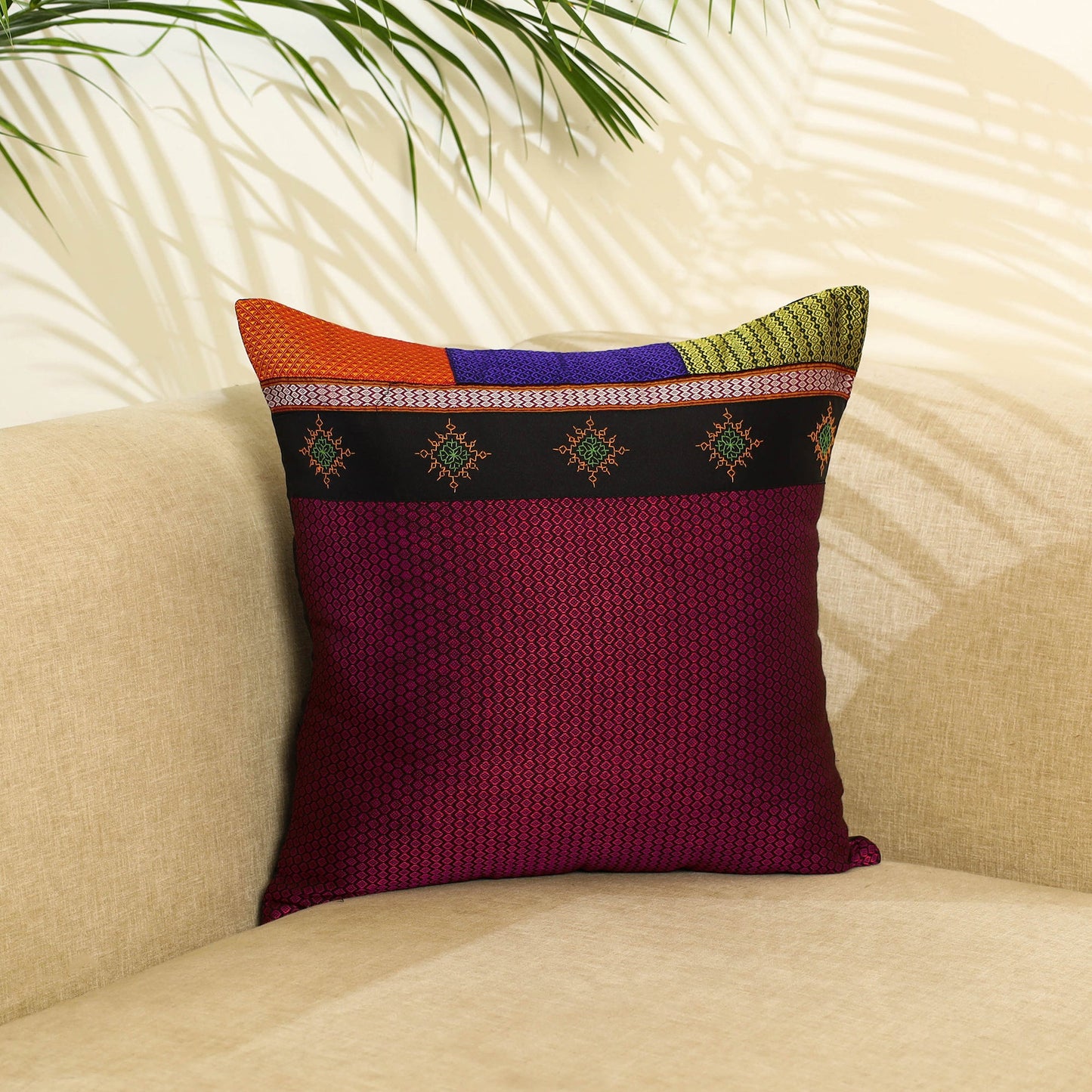 Maroon Khun Cotton Gavanti Kasuti Hand Embroidery Cushion Cover