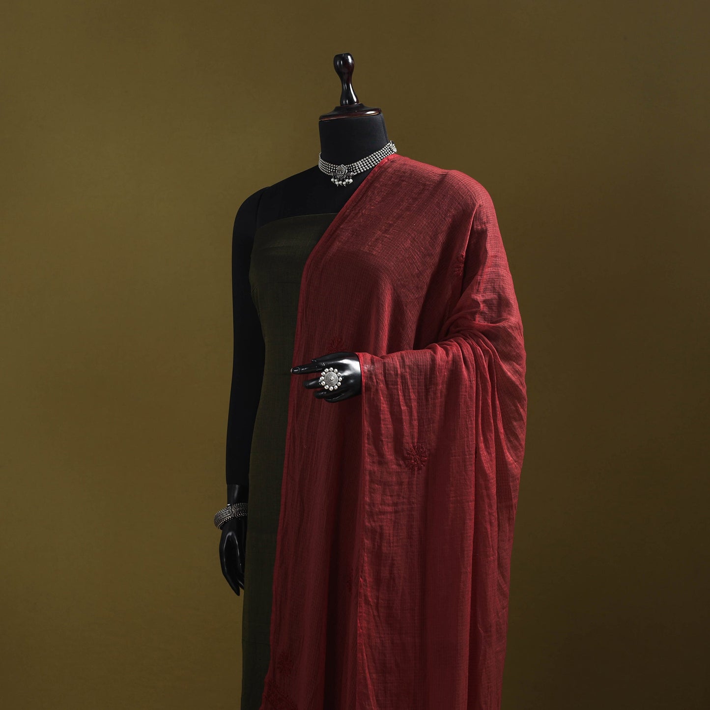 Maroon - kota doria cotton hand embroidered lucknowi