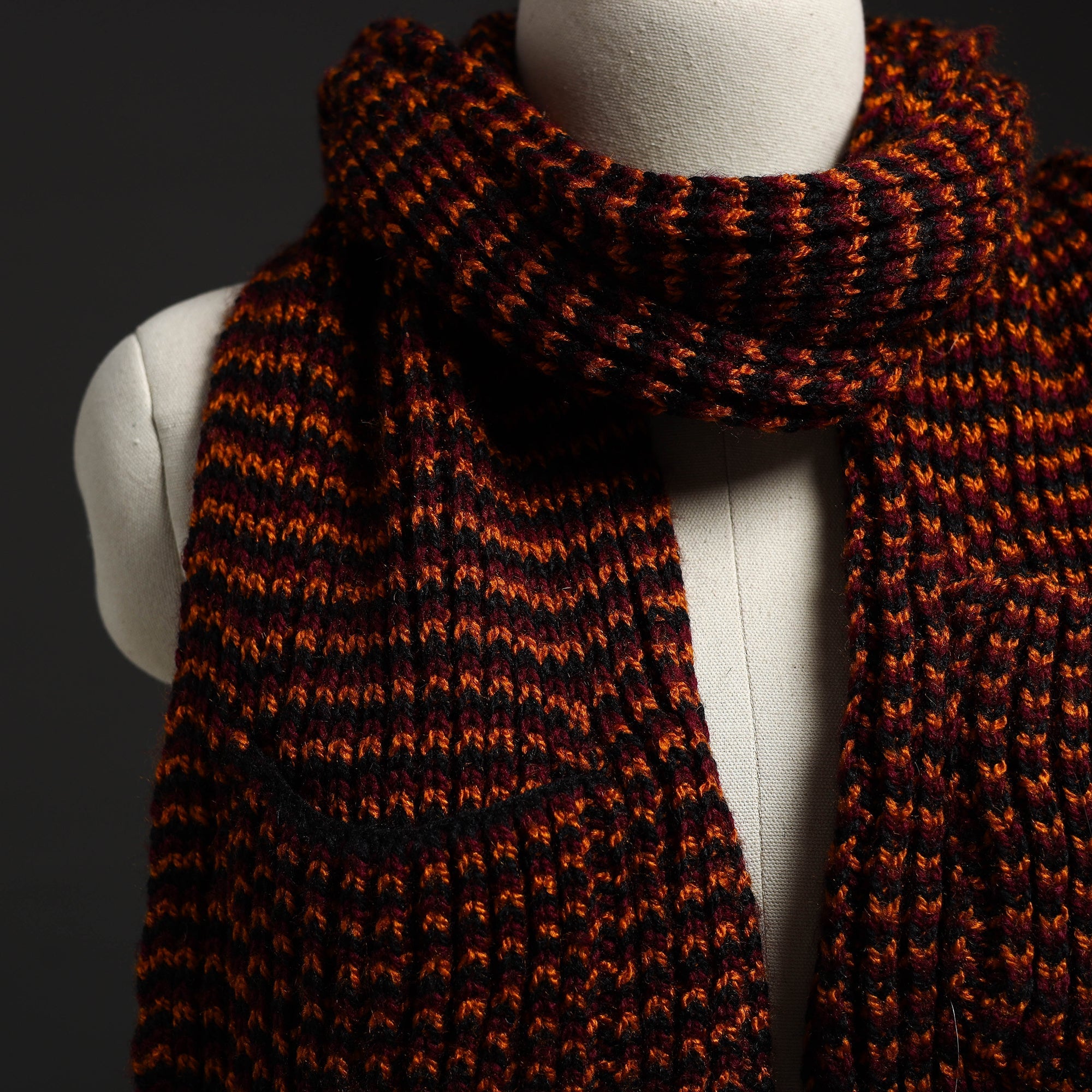 Maroon Kumaun Hand Knitted Acrylic Woolen Muffler with Pockets