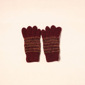 Maroon Kumaun Hand Knitted Woollen Hand Gloves (Adult)