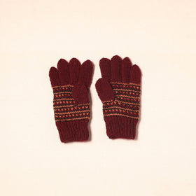 Maroon Kumaun Hand Knitted Woollen Hand Gloves (Adult)