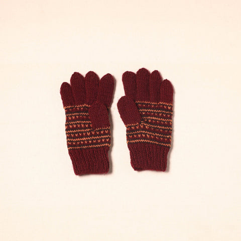 Maroon Kumaun Hand Knitted Woollen Hand Gloves (Adult)