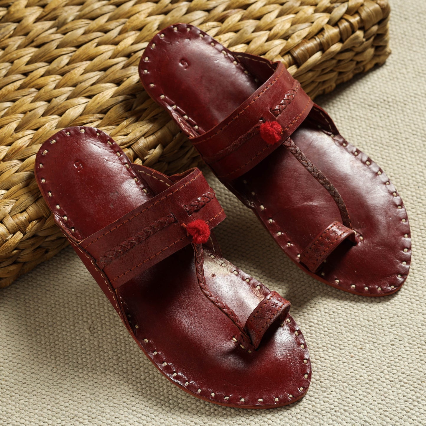 Maroon Kutch Embroidery Handstitched Leather Flat Slippers