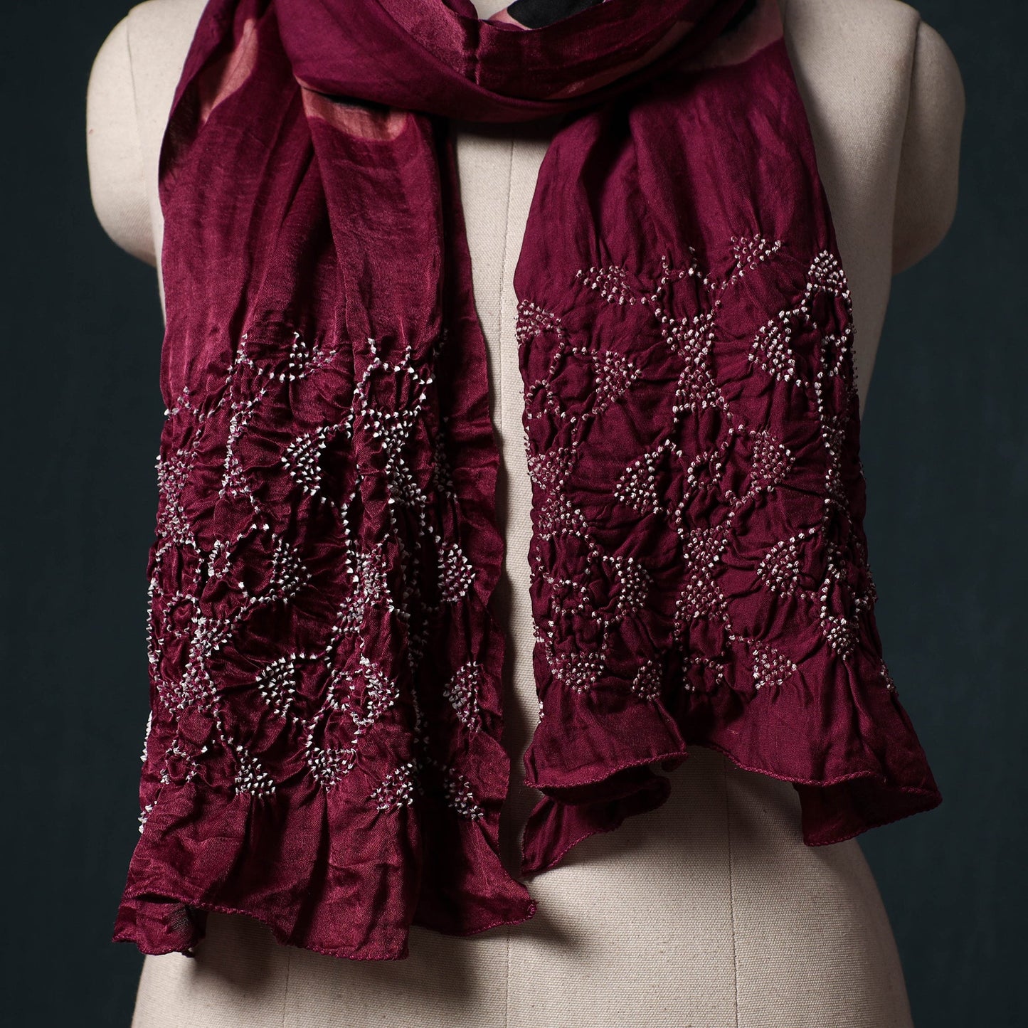 Kutch modal silk clamp dyed bandhani shibori stole 05