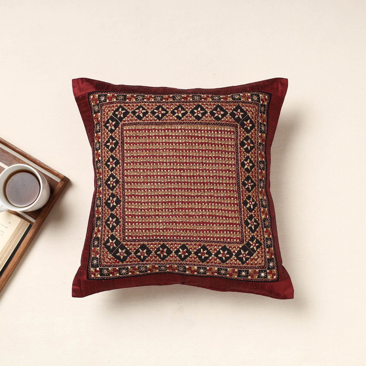 Maroon Kutch Neran Hand Embroidery Silk Cushion Cover
