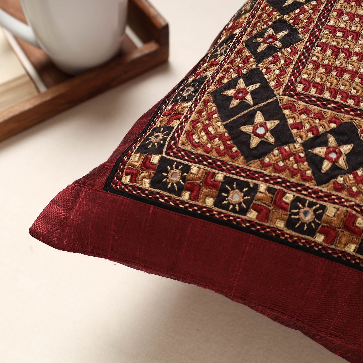 Maroon Kutch Neran Hand Embroidery Silk Cushion Cover