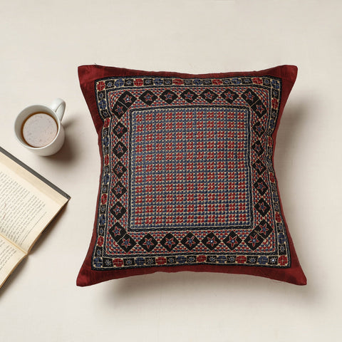 Maroon - Kutch Neran Hand Embroidered Silk Cushion Cover (16 x 16 in)