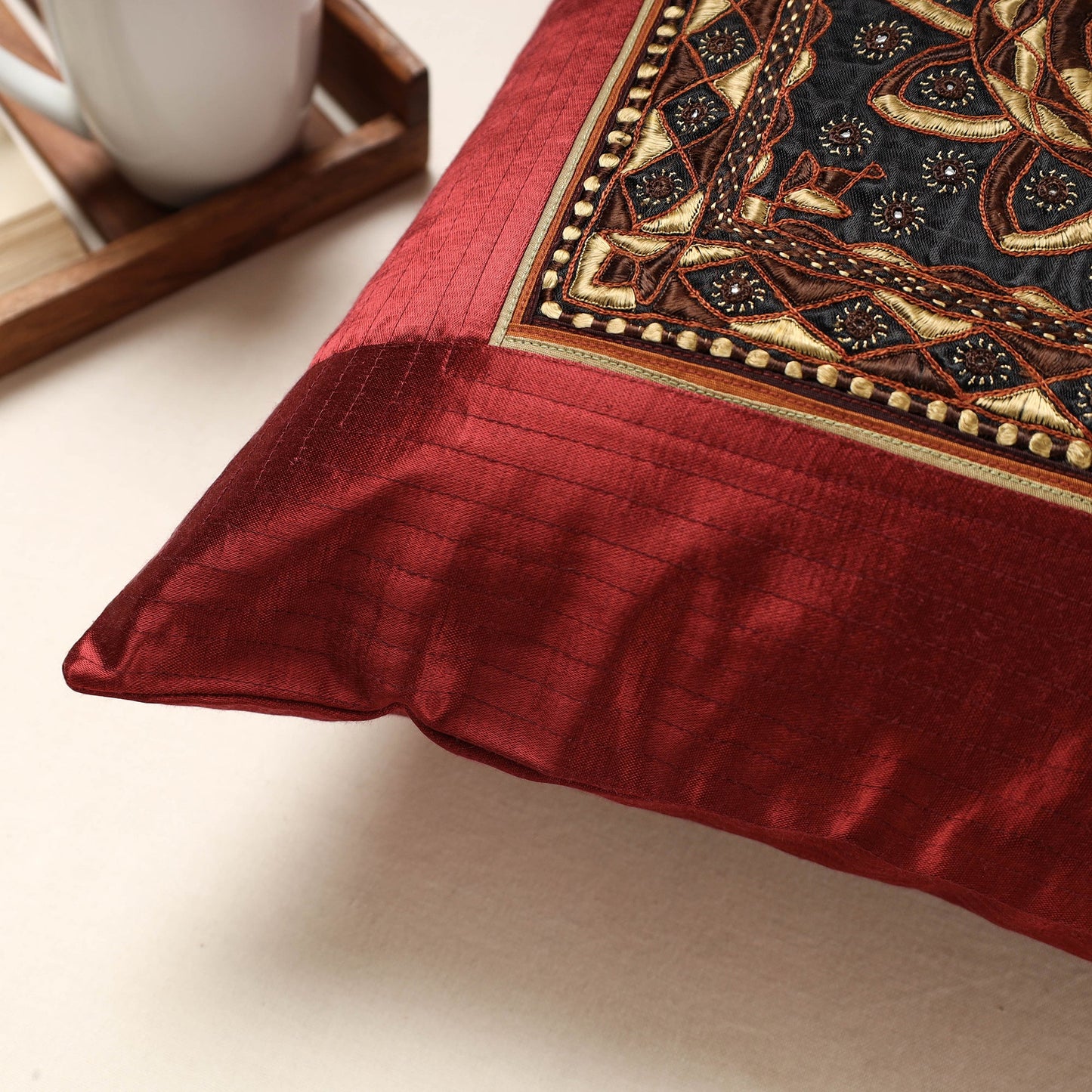Maroon Kutch Pakko Bherni Hand Embroidery Mashru Silk Cushion Cover