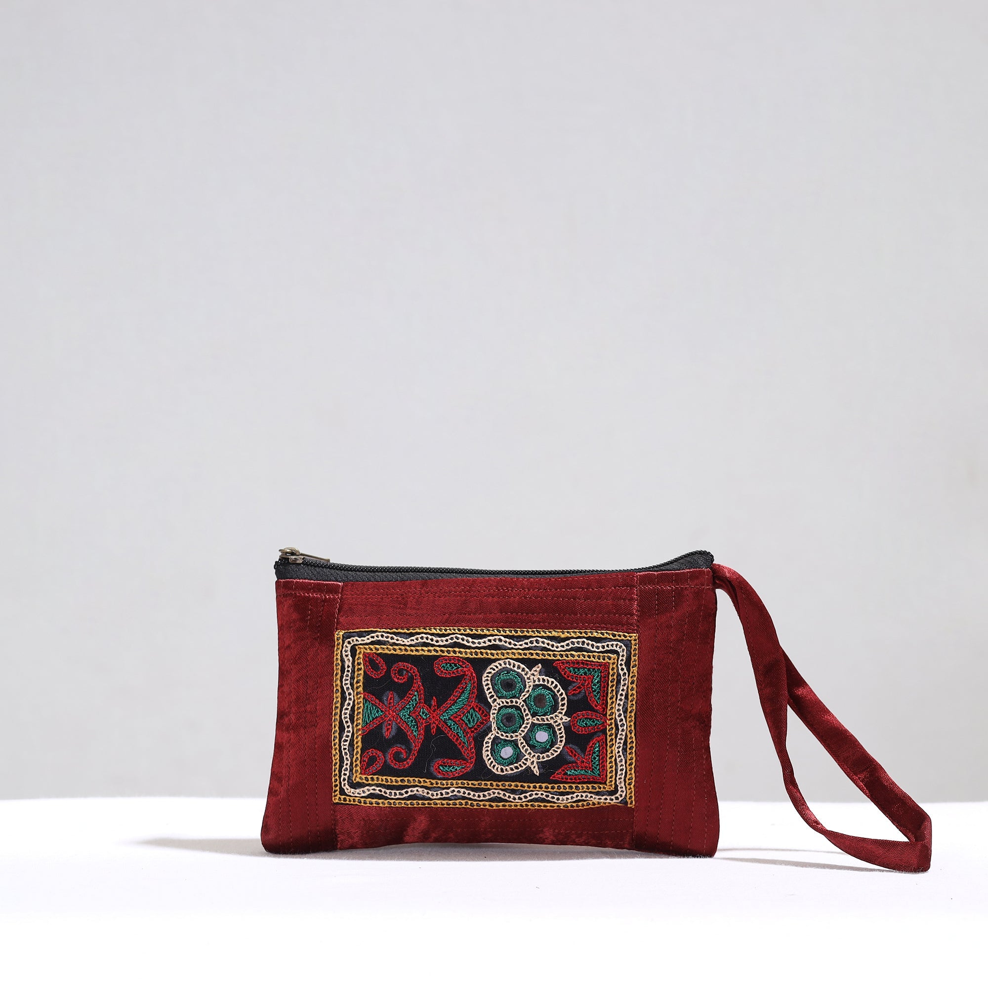 Red - Kutch Pakko Hand Embroidery Mashru Silk Cushion Cover (16 x 16 in)