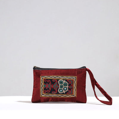 Maroon Kutch Pakko Hand Embroidery Mirror Work Mashru Silk Mobile Pouch