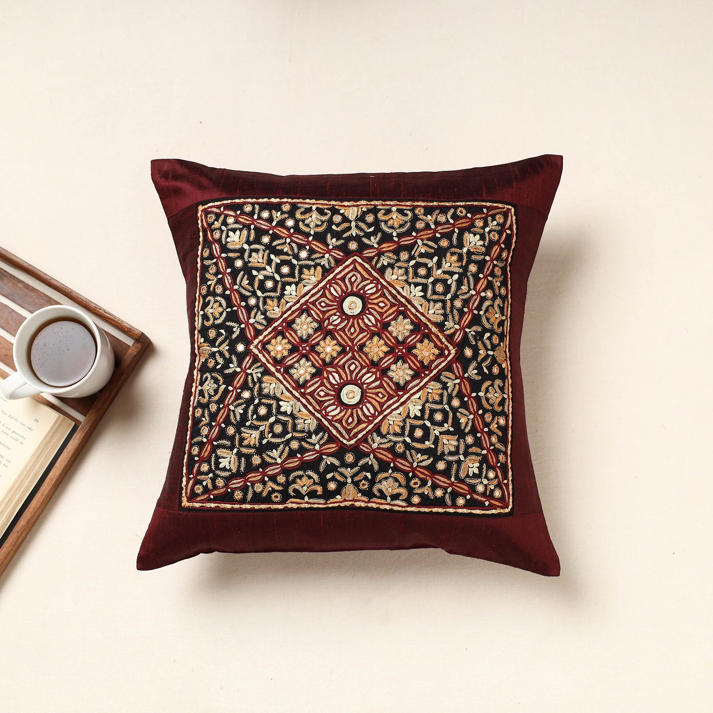 Buy Maroon Kutch Pakko Hand Embroidery Silk Cushion Cover