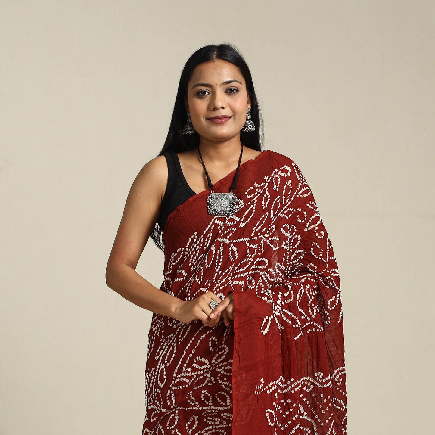 Maroon Kutch Tie-Dye Cotton Bandhani Saree