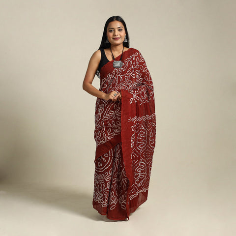 Maroon Kutch Tie-Dye Cotton Bandhani Saree