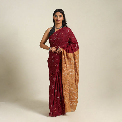 Maroon Kutch Tie-Dye Cotton Bandhani Saree