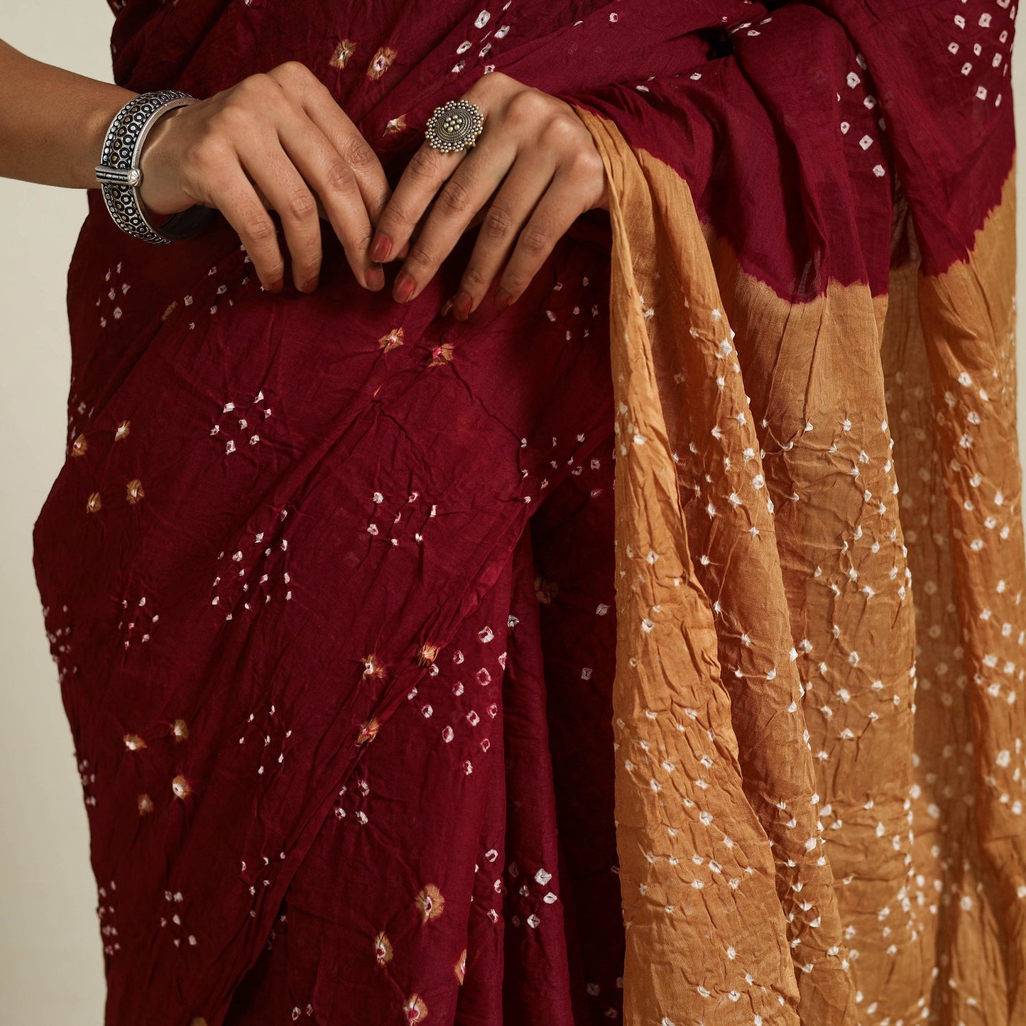 Maroon Kutch Tie-Dye Cotton Bandhani Saree