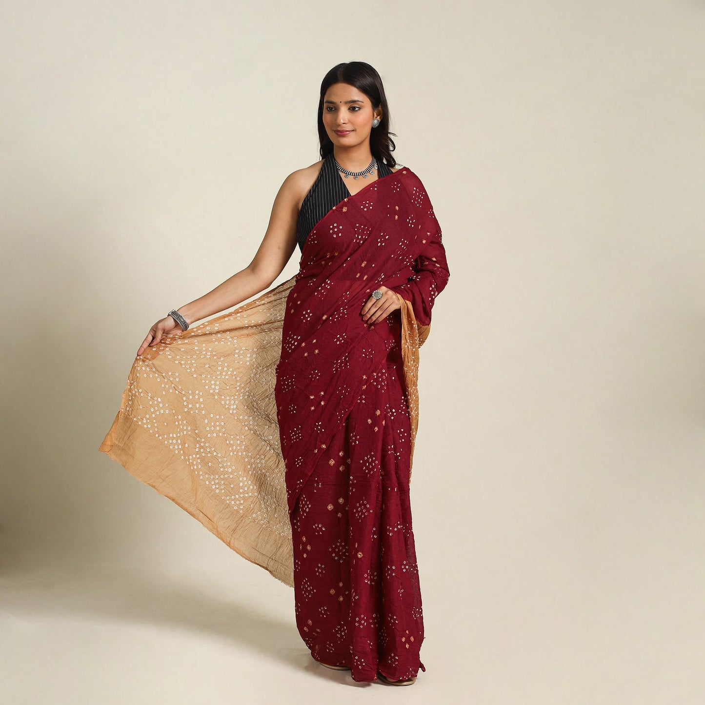Maroon Kutch Tie-Dye Cotton Bandhani Saree