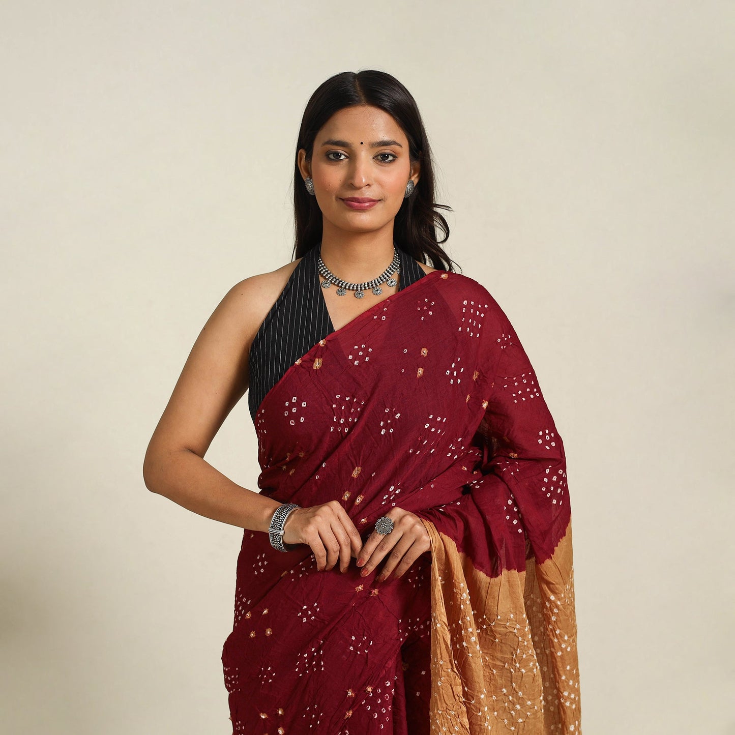 Maroon Kutch Tie-Dye Cotton Bandhani Saree