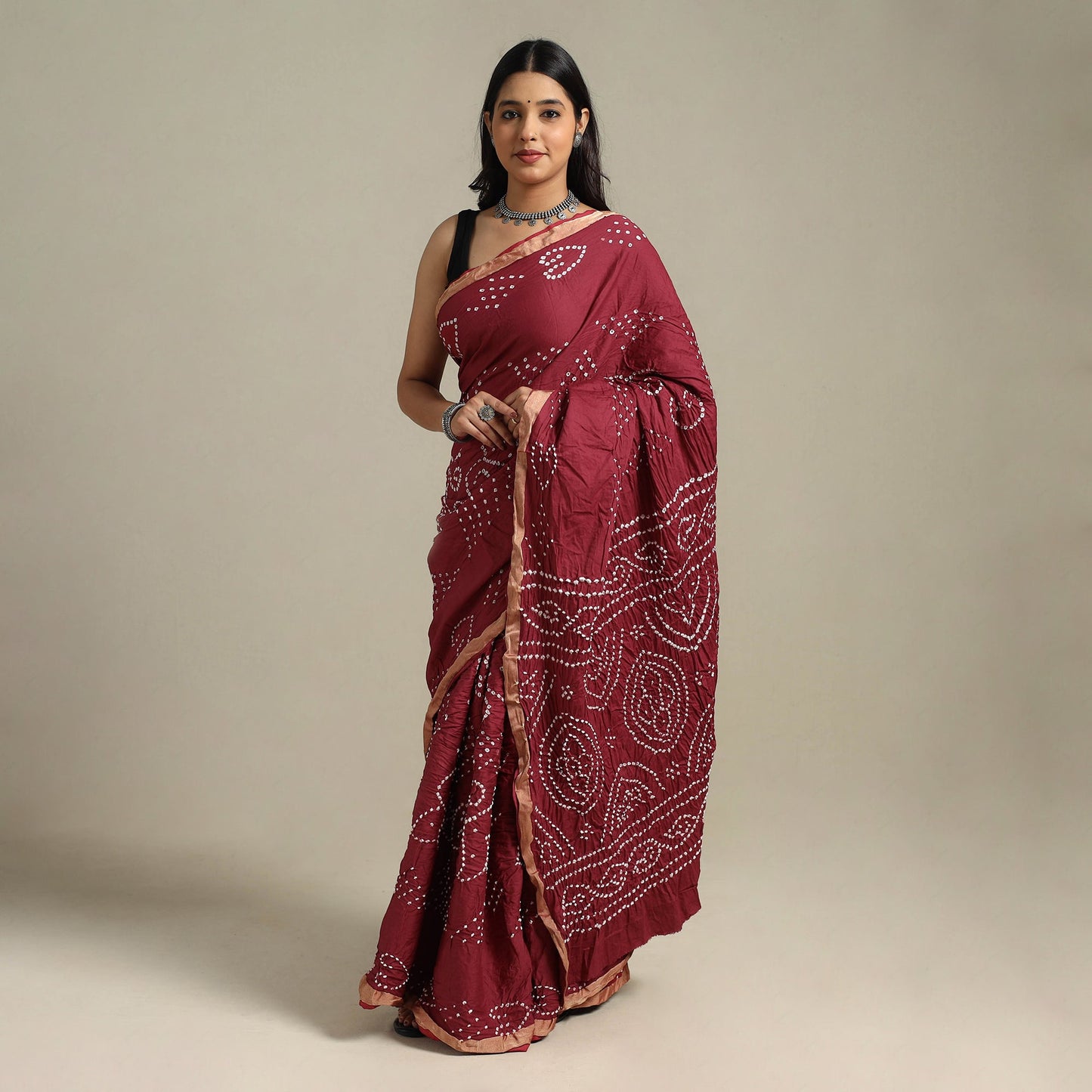 Maroon Kutch Tie-Dye Cotton Bandhani Saree