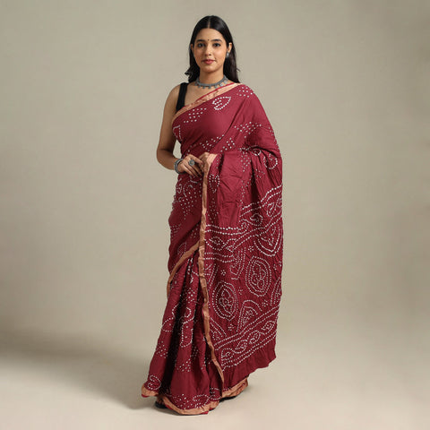 Maroon Kutch Tie-Dye Cotton Bandhani Saree