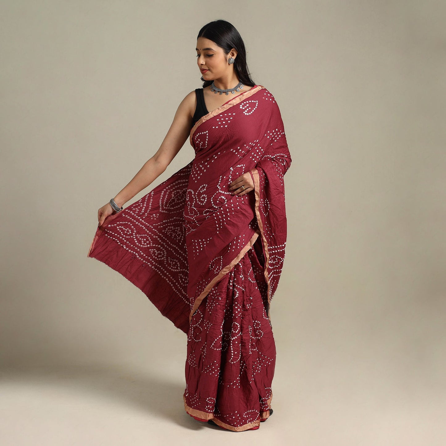 Maroon Kutch Tie-Dye Cotton Bandhani Saree