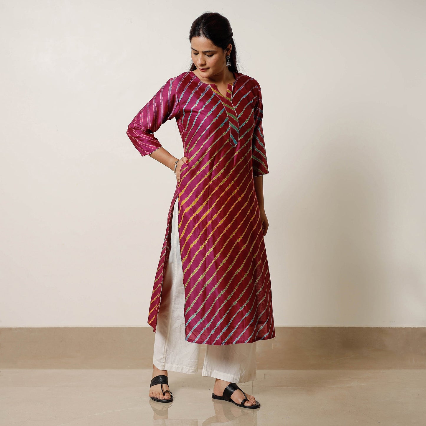 Maroon - leheriya tie-dye chanderi silk long straight kurta