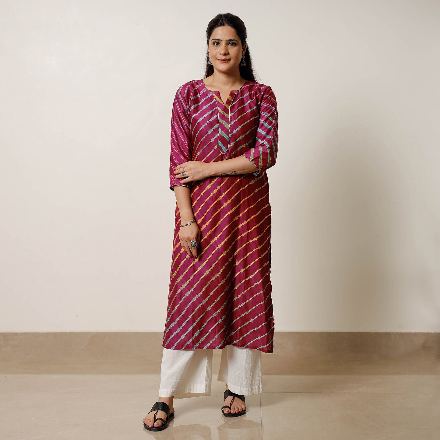 Maroon - leheriya tie-dye chanderi silk long straight kurta