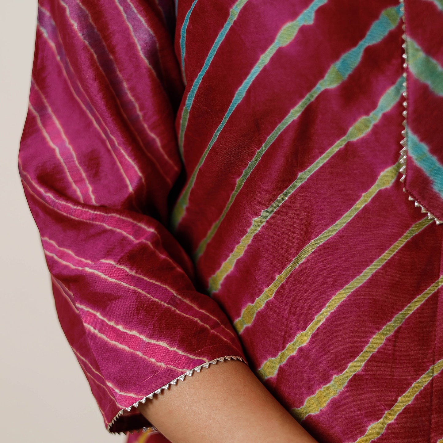 Maroon - leheriya tie-dye chanderi silk long straight kurta