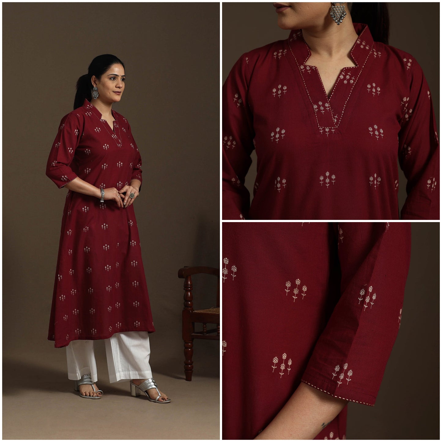 A-line cotton hand embroidered jacquard kurta for women 04