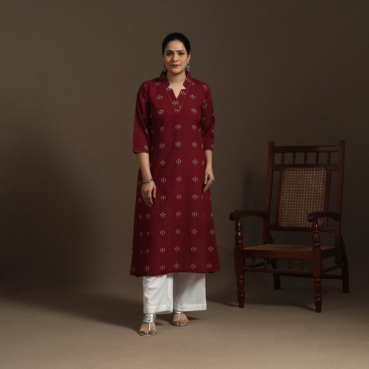 A-line cotton hand embroidered jacquard kurta for women 04