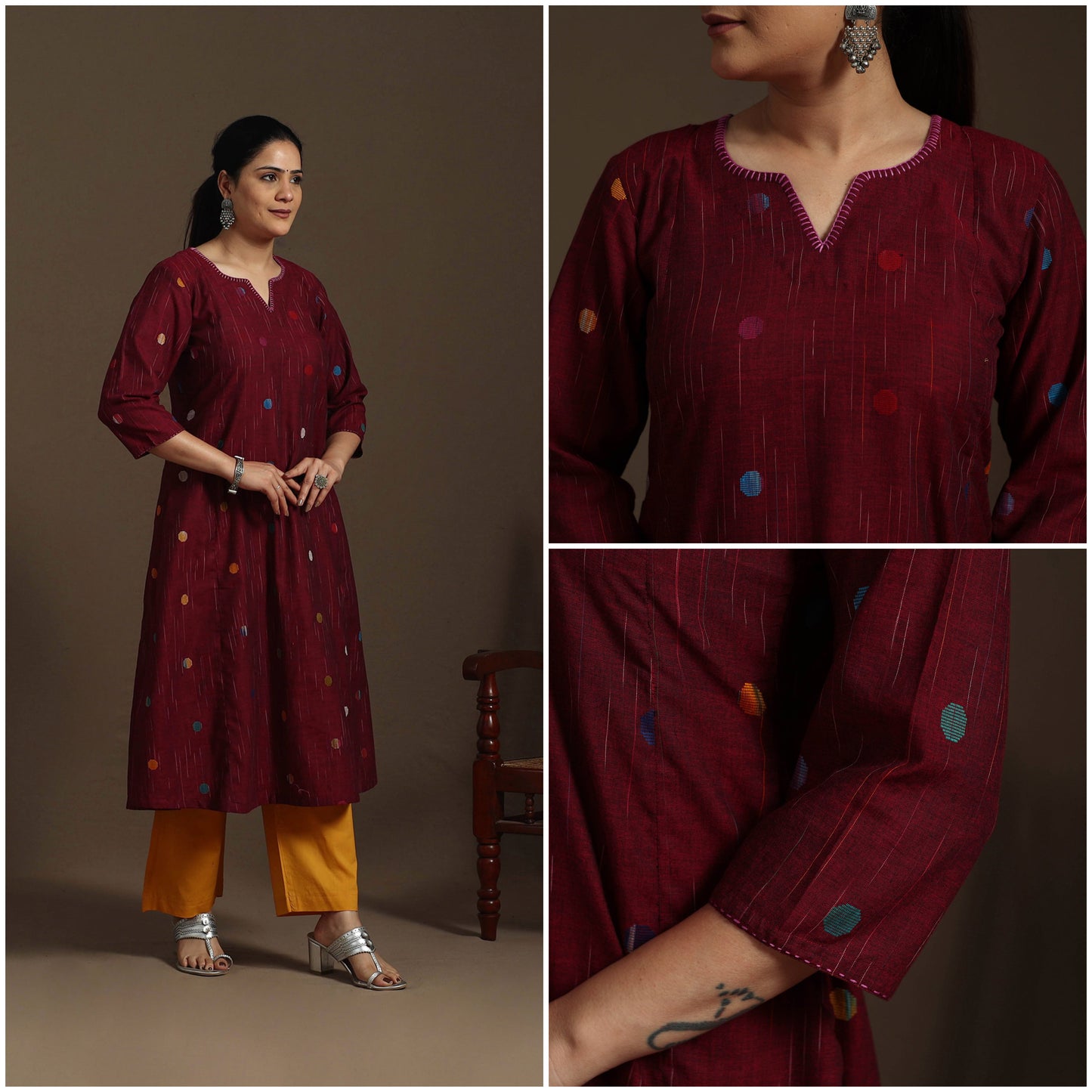 A-line cotton hand embroidered jacquard kurta for women 24