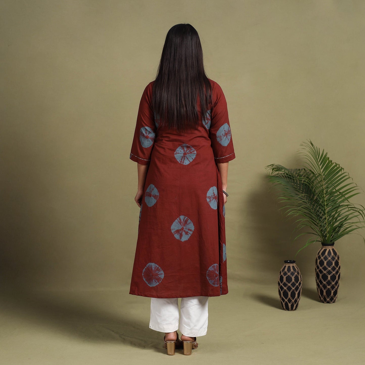 Maroon A-Line Tie & Dye Cotton Shibori Kurta for Women