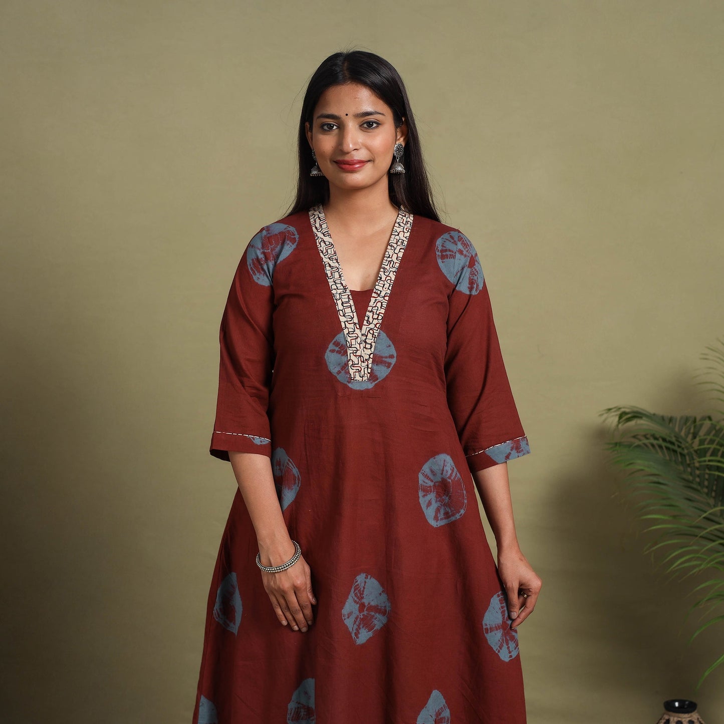Maroon A-Line Tie & Dye Cotton Shibori Kurta for Women