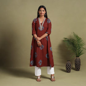 Maroon A-Line Tie & Dye Cotton Shibori Kurta for Women