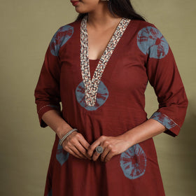 Maroon A-Line Tie & Dye Cotton Shibori Kurta for Women
