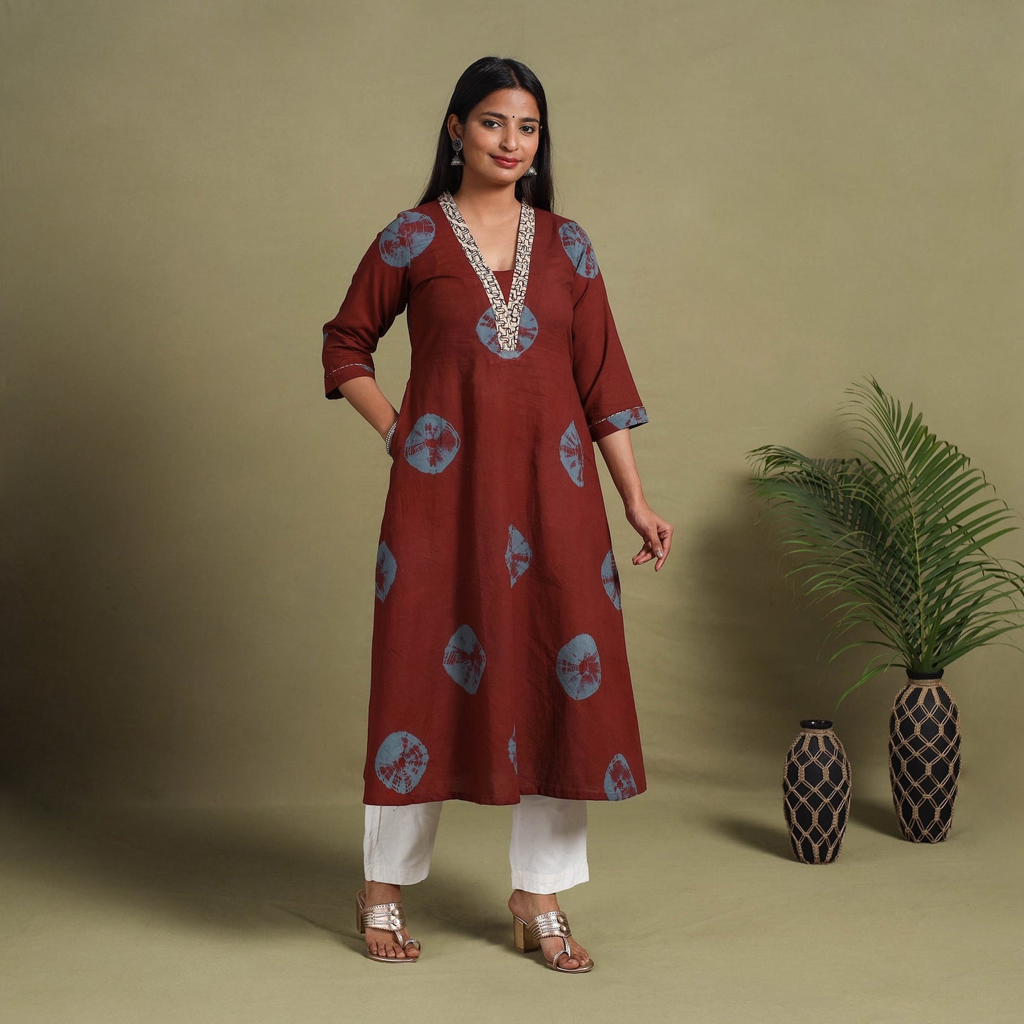 Maroon A-Line Tie & Dye Cotton Shibori Kurta for Women