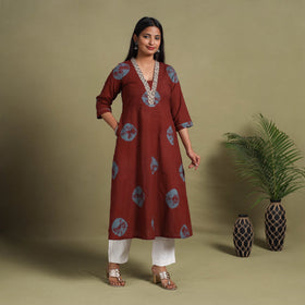 Maroon A-Line Tie & Dye Cotton Shibori Kurta for Women