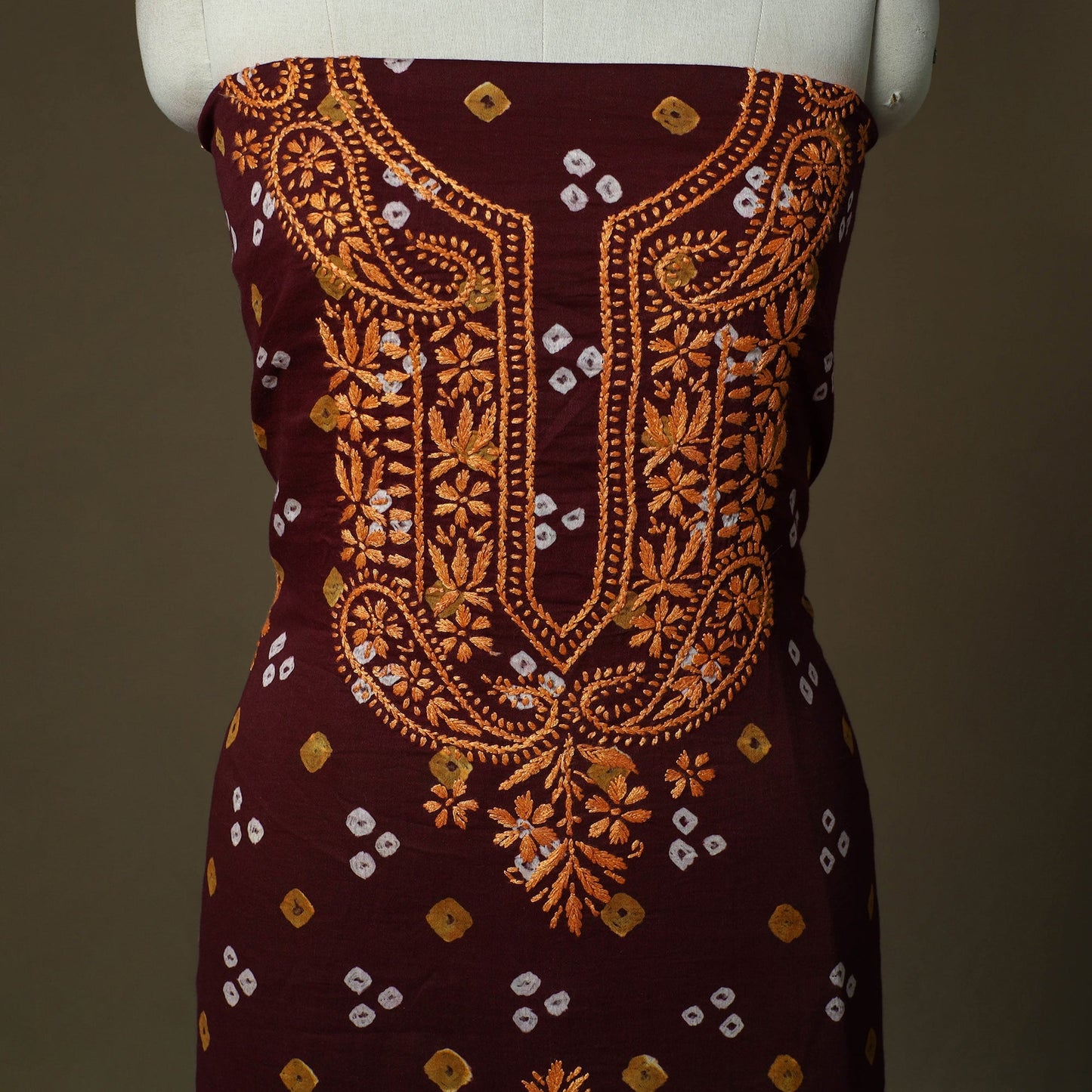 Lucknowi chikankari hand work bandhani unstitched kurta