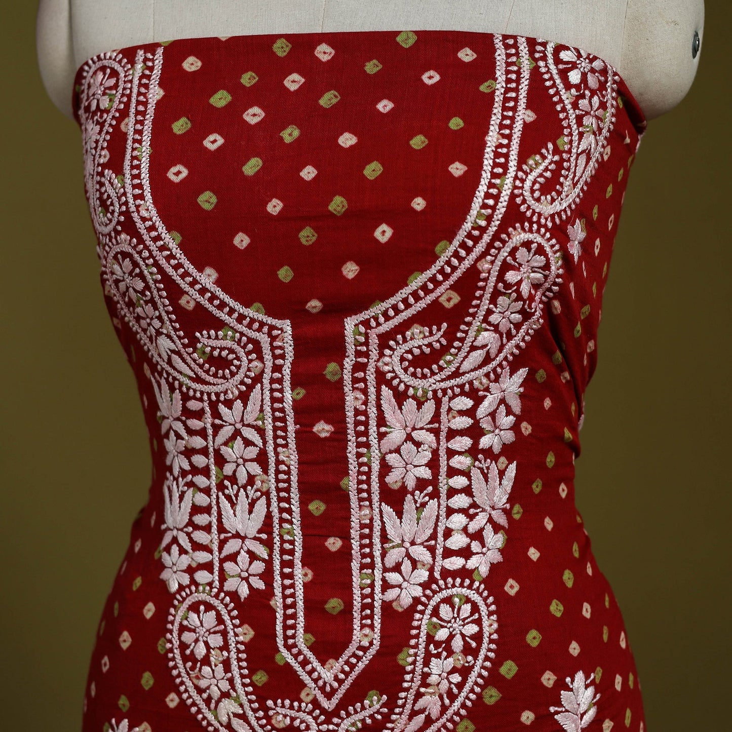 Lucknowi chikankari work bandhani unstitched kurta material