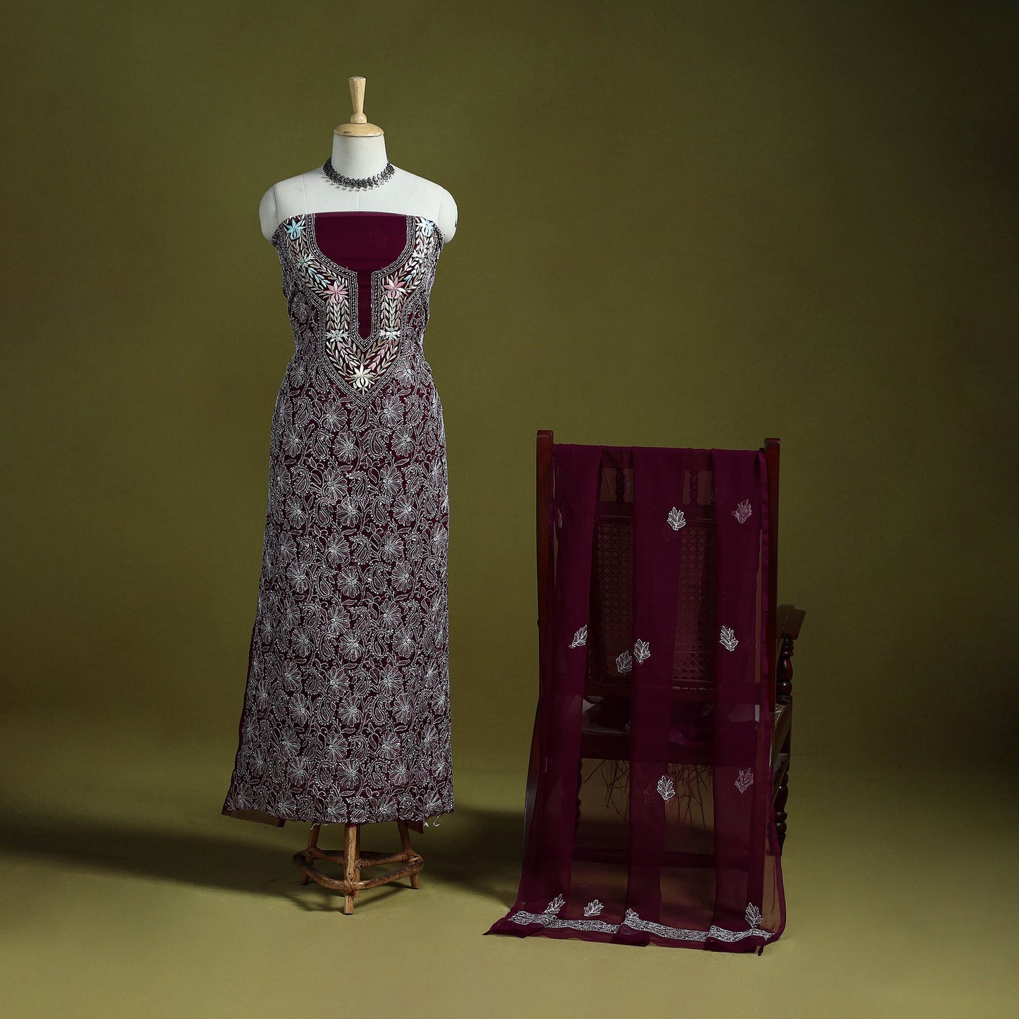 Maroon - lucknowi hand embroidered chikankari georgette 3pc