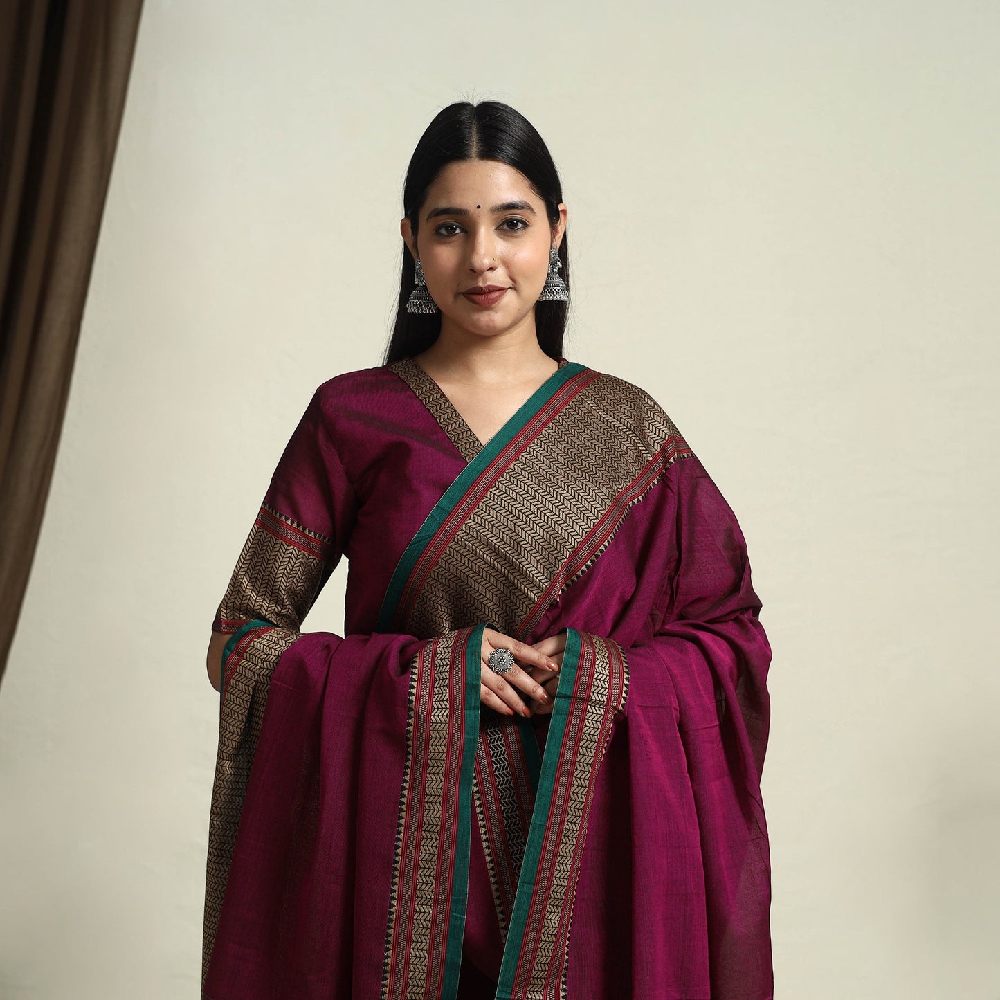 Mercerised Cotton Maroon Dharwad Kurta Set with Palazzo & Dupatta