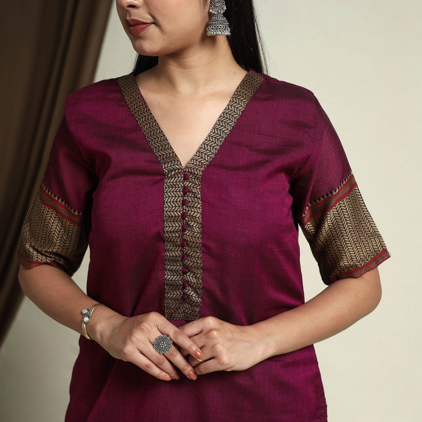 Mercerised Cotton Maroon Dharwad Kurta Set with Palazzo & Dupatta