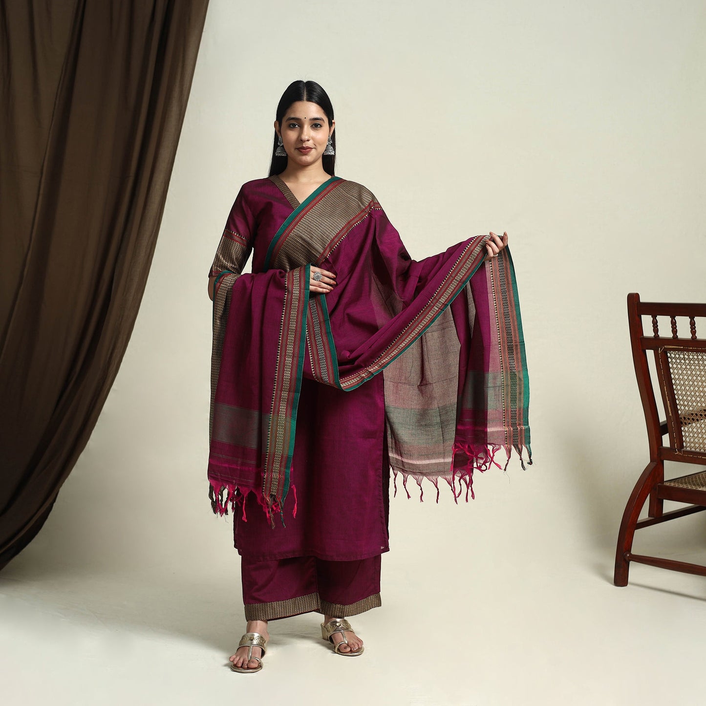Mercerised Cotton Maroon Dharwad Kurta Set with Palazzo & Dupatta