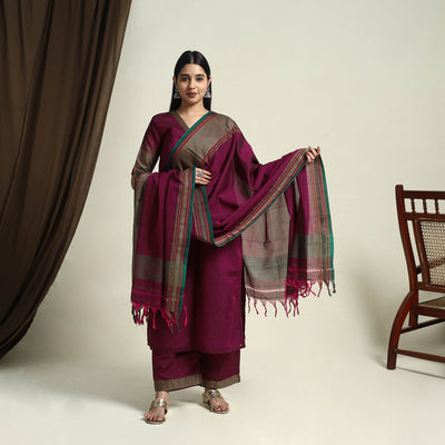 Mercerised Cotton Maroon Dharwad Kurta Set with Palazzo & Dupatta