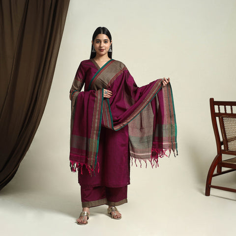 Mercerised Cotton Maroon Dharwad Kurta Set with Palazzo & Dupatta