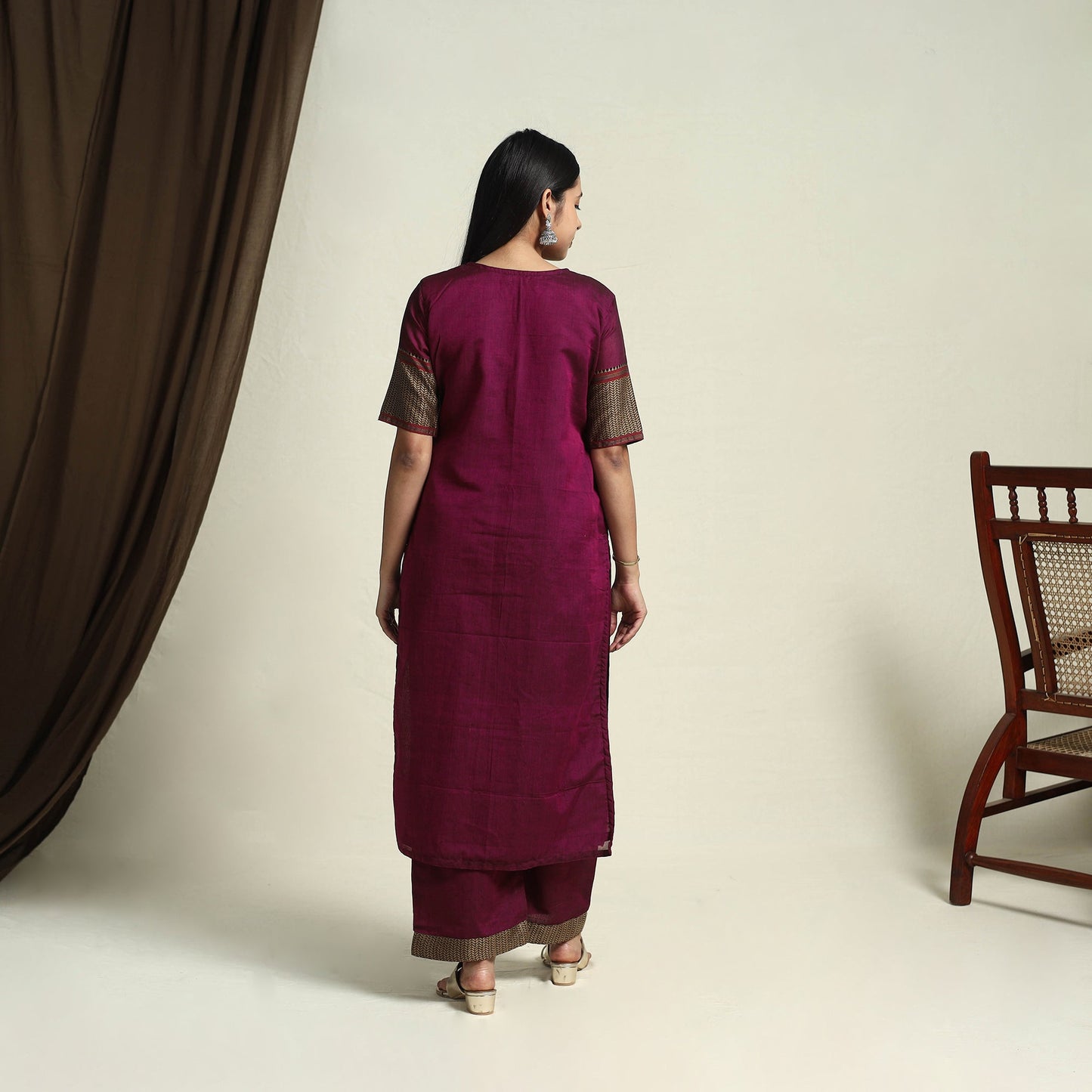 Mercerised Cotton Maroon Dharwad Kurta Set with Palazzo & Dupatta