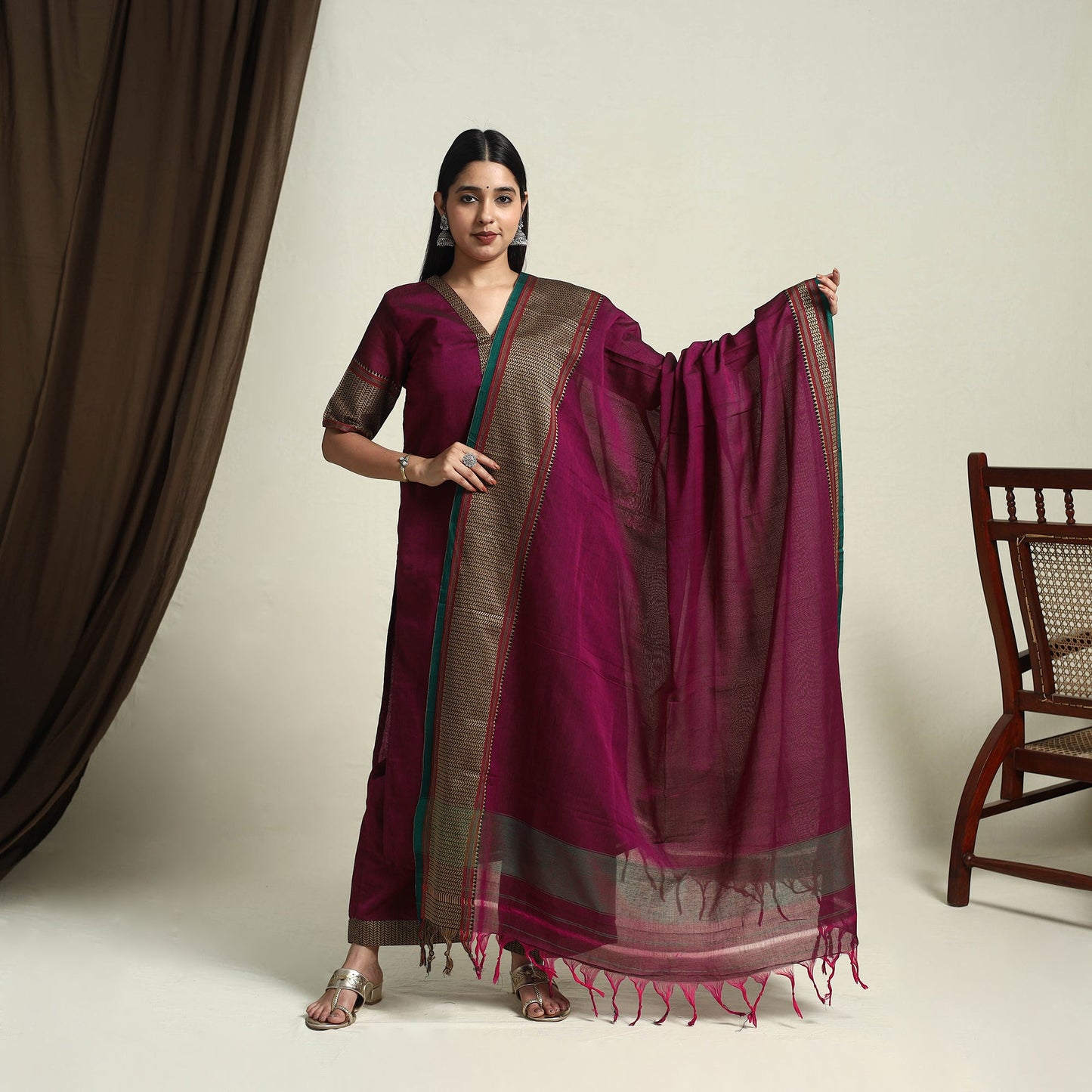 Mercerised Cotton Maroon Dharwad Kurta Set with Palazzo & Dupatta