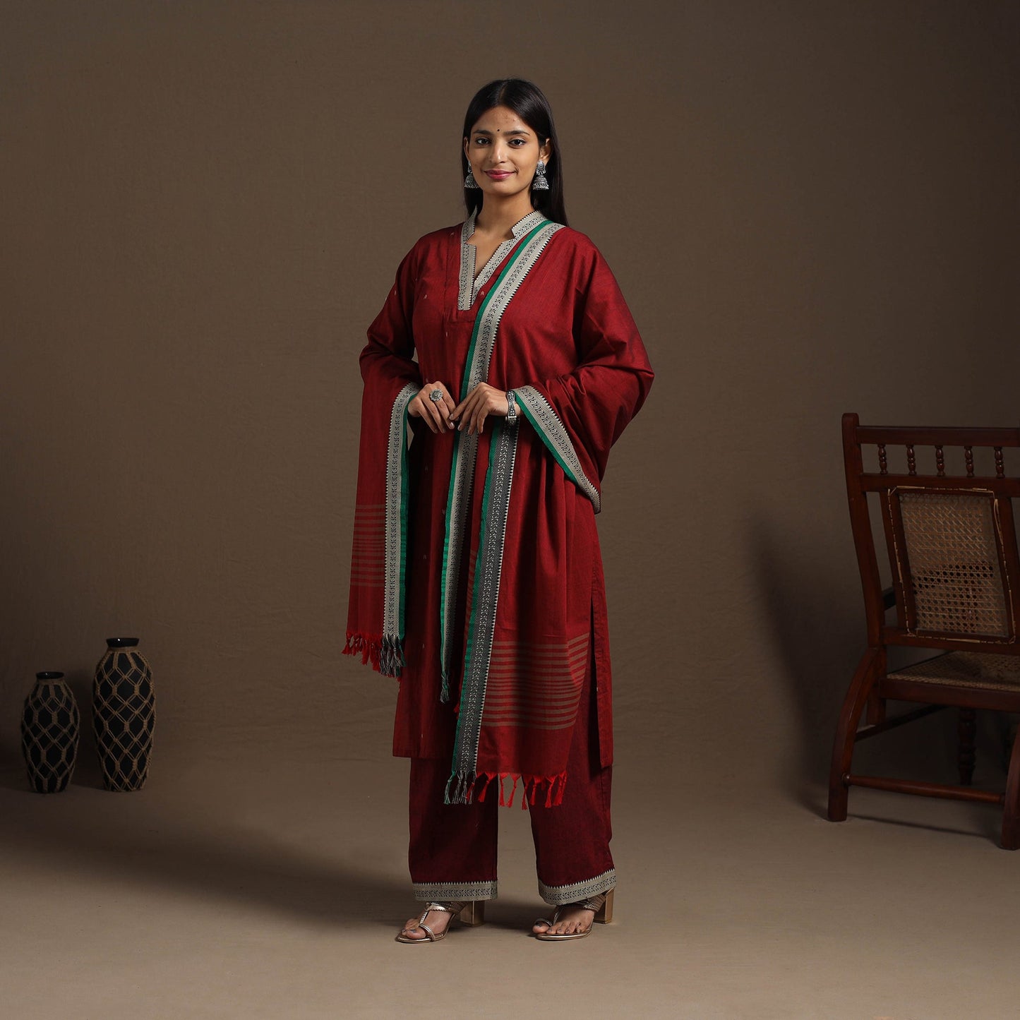 Maroon Mercerised Cotton Jacquard Kurta Set (Set of 3)